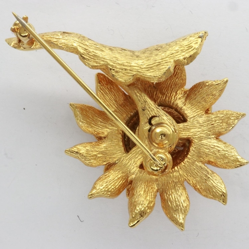 19 - Yellow metal pin brooch, stamped 1144, set with a single pearl, H: 50 mm, 14.2g. UK P&P Group 0 (£6+... 