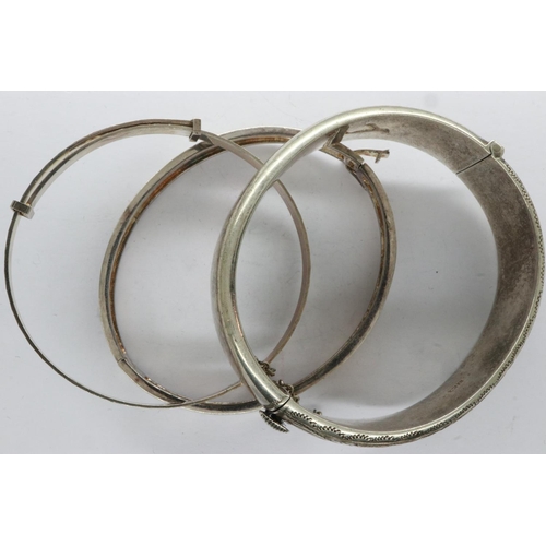 44 - Three silver bangles including two hallmarked silver examples, largest D: 70 mm. UK P&P Group 1 (£16... 