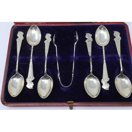 73 - Hallmarked silver spoon and sugar tongues set to commemorate Queen Victoria as England's longest rei... 