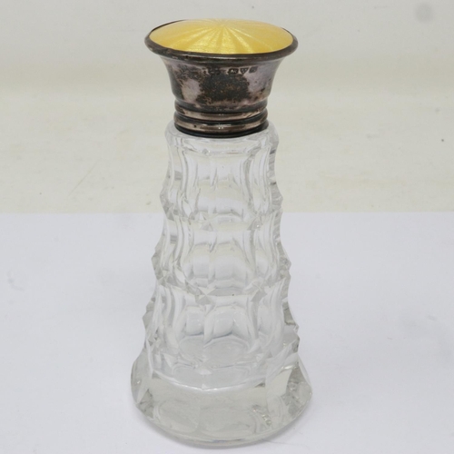 80 - Crystal perfume bottle with internal stopper and hallmarked silver and guilloche top, Chester assay,... 