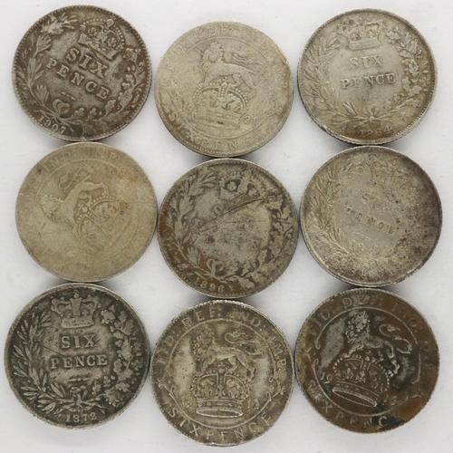 111 - Nine mixed silver sixpences, Victoria and later. UK P&P Group 1 (£16+VAT for the first lot and £2+VA... 