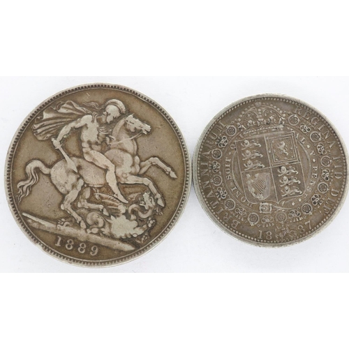 112 - Victoria 1889 crown and 1887 half crown. UK P&P Group 1 (£16+VAT for the first lot and £2+VAT for su... 