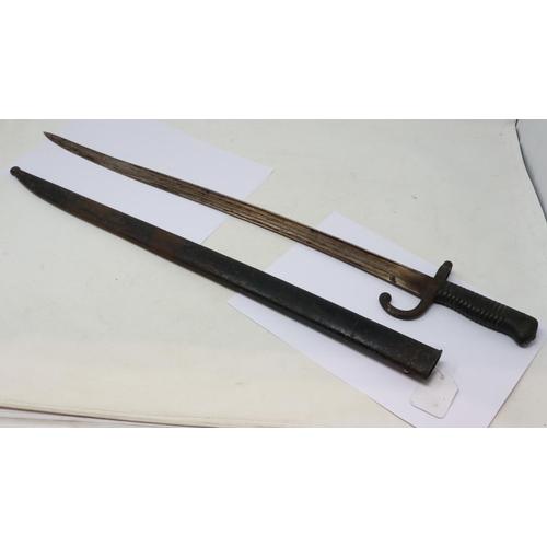 157 - French 19th century chassepot sword bayonet with metal scabbard and hooked quillon, dated 1868. UK P... 