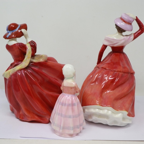 209 - Three Royal Doulton figurines, Top O' The Hill, Mary, and Tootles, no cracks or chips, largest H: 23... 