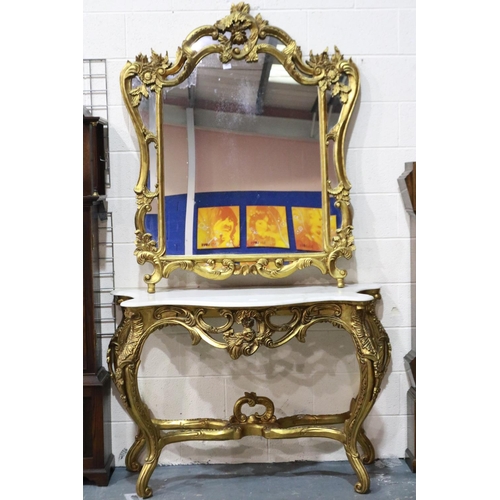 531 - Modern continental gilt wood console table with white marble top and mirror, overall H: 240 cm. Not ... 