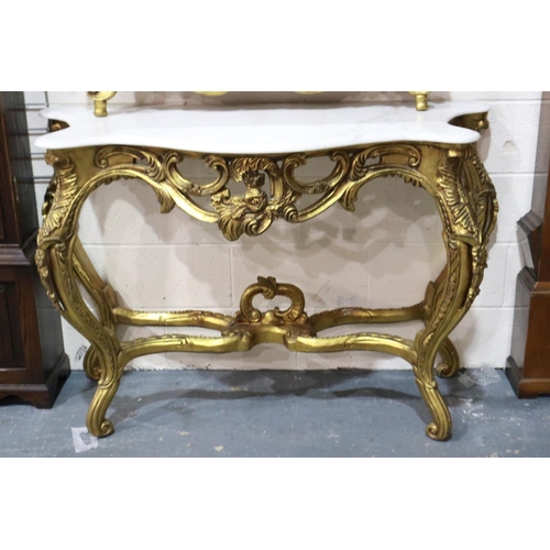 531 - Modern continental gilt wood console table with white marble top and mirror, overall H: 240 cm. Not ... 