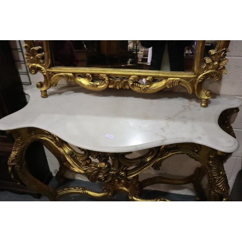 531 - Modern continental gilt wood console table with white marble top and mirror, overall H: 240 cm. Not ... 