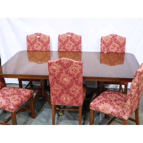 1848O - Twin pedestal dining table with three additional leaves and six mahogany upholstered chairs, 200 x 1... 