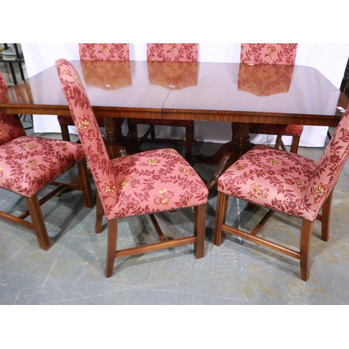 1848O - Twin pedestal dining table with three additional leaves and six mahogany upholstered chairs, 200 x 1... 