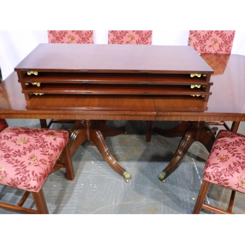 1848O - Twin pedestal dining table with three additional leaves and six mahogany upholstered chairs, 200 x 1... 