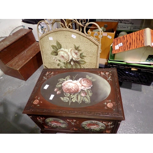 1052 - Overpainted floral box and a floral firescreen. Not available for in-house P&P.