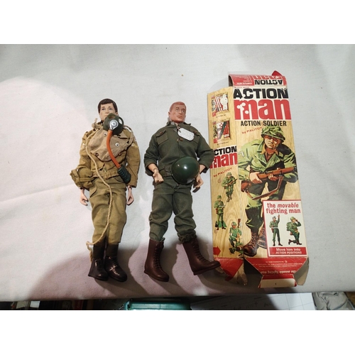 2082 - Two vintage Action Men dolls, circa 1964, one painted head, one fuzz head, both in very good conditi... 