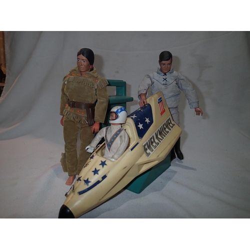 2083 - Evil Knievel Gyro bike and launcher, with figure, plus Lone Ranger and Tonto figures (approximately ... 