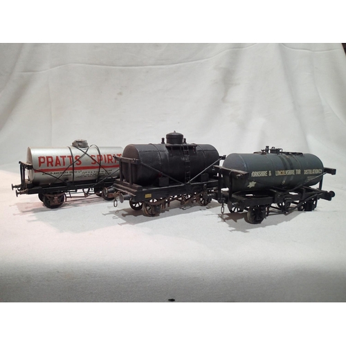 2113 - Three OO gauge kit built tanker wagons, Pratts Spirit, Yorks and Lincs, tar, plain black- unnamed, a... 