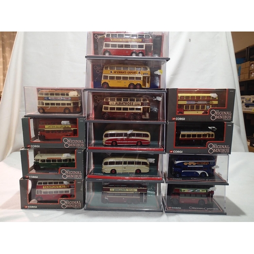 2180 - Fourteen OO scale Corgi OOC buses, coaches and trolley buses, various types and regions, mostly in e... 