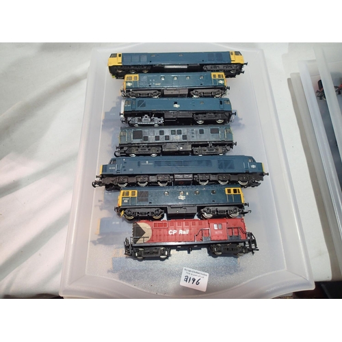 2196 - Six OO scale blue diesels, various makes and types, plus American diesel, all suitable for spares or... 