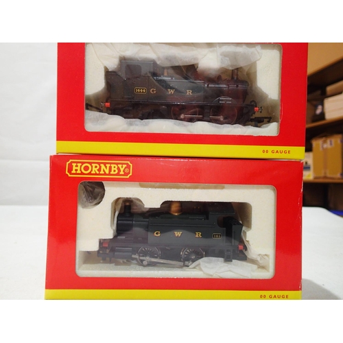 2239 - Two OO gauge Hornby tank locomotives, R2304- 0.4.0 101 Green GWR and R2026C- 0.4.2 1444 Green GWR, b... 