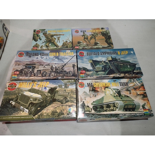 2278 - 1/72 scale Airfix military related kits, new/sealed, Willys Jeep, Sherman tank, Bofors gun and tract... 