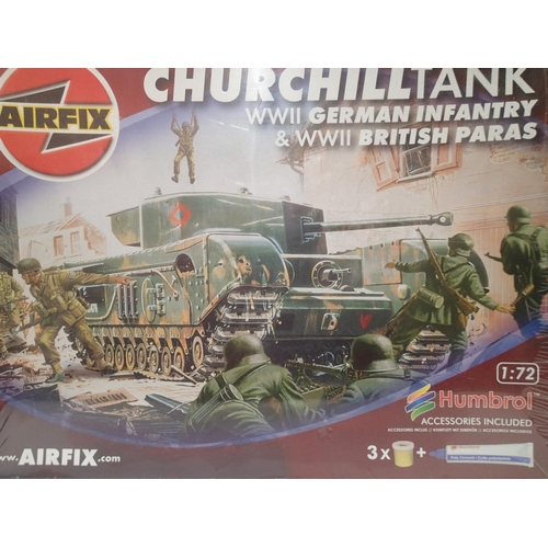 2279 - 1/72 scale Airfix Churchill tank wit British paras and German Infantry, plus paints/glue, sealed as ... 