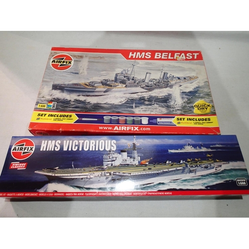 2280 - Two 1/600 scale Airfix ship kits, HMS Belfast and HMS Victorious, both as new, Belfast box fair to g... 