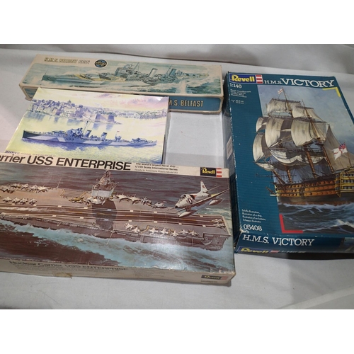 2282 - Four ship kits; Revell HMS Victory, Airfix HMS Belfast, Master craft HMS Hero, all appear complete/ ... 