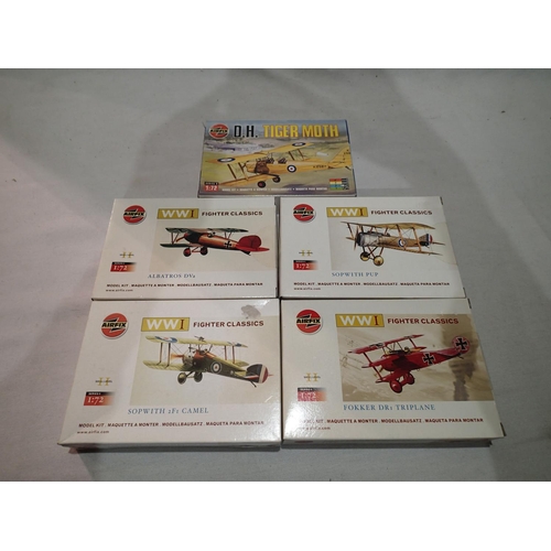 2288 - Five 1/72 scale Airfix kits, Sopwith Camel, Fokker Tri plane, Tiger Moth, Albatros and Sopwith Pup, ... 