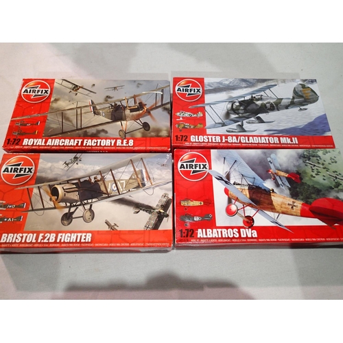 2291 - Four 1/72 scale Airfix bi plane kits, R.E.8, Gladiator, Albatros, Bristol F2B, all sealed as new. UK... 