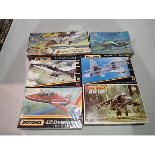 2294 - Six 1/72 scale jet aircrafts; Matchbox Red Arrows, Harrier, Sea Harrier, Northrop and Airfix Buccane... 