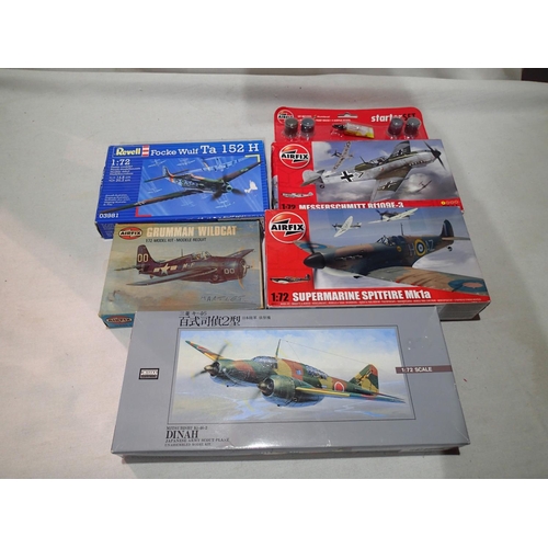 2295 - Five 1/72 scale WWII aircrafts; ARII Dinah, Revel F.W TA 152, Airfix Wildcat, Spitfire, BF 109E, all... 