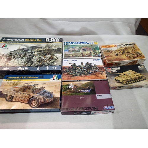 2301 - Seven 1/72 scale military related kits; Italeri Diarama bunker, Camionetta AS42, Fujimi bridge/check... 