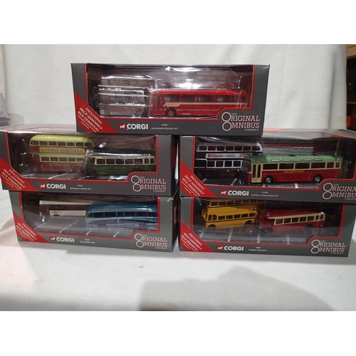 2400 - Five Corgi OOC twin bus/coach sets, Lancashire Holiday Capital and Highlands, Dorset Delights, bridg... 