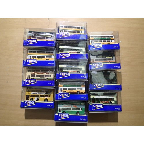 2428 - Thirteen Corgi Metro bus models, some duplicates, mostly in near mint condition, slight storage wear... 