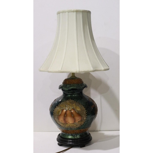 1298 - Large ceramic fruit patterned lamp with fabric shade. All electrical items in this lot have been PAT... 