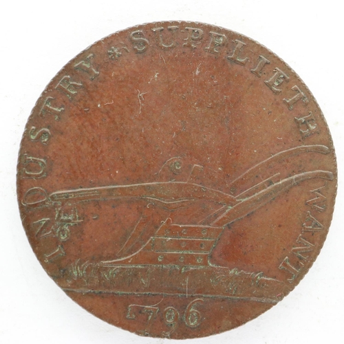 138 - Three copper tokens: 1796 Industry Supplieth Want, 1788 Angelsey Mines, and 1791 Hull Halfpenny.. UK... 