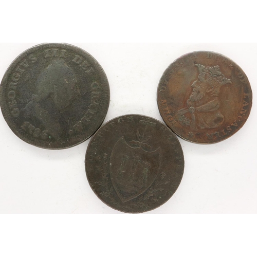 140 - Three early copper token halfpennies and a copper token: 1793 St David farthing. UK P&P Group 0 (£6+... 