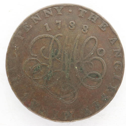 142 - Three copper tokens: 1788 Anglesey Mines, 1857 Prince Edward Island, and 1813 John Knapp Junior half... 