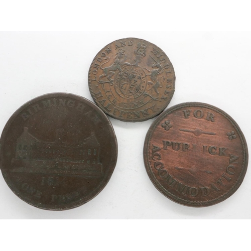 137 - Three coins, London & Middlesex halfpenny token, 1830 penny token: For Public Accommodation, and 184... 