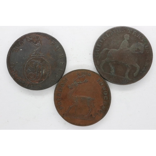 138 - Three copper tokens: 1796 Industry Supplieth Want, 1788 Angelsey Mines, and 1791 Hull Halfpenny.. UK... 