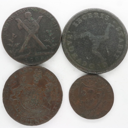 140 - Three early copper token halfpennies and a copper token: 1793 St David farthing. UK P&P Group 0 (£6+... 