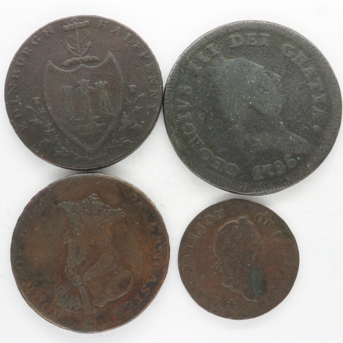 140 - Three early copper token halfpennies and a copper token: 1793 St David farthing. UK P&P Group 0 (£6+... 