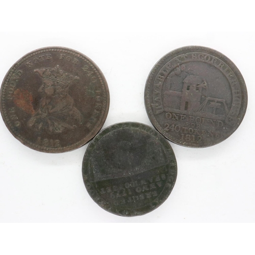 141 - Three copper tokens: 1812 Edward Beebee Bilston, 1812 Scorrier House Cornwall and 1792 Iron Bridge a... 