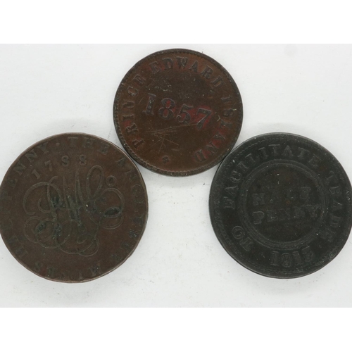 142 - Three copper tokens: 1788 Anglesey Mines, 1857 Prince Edward Island, and 1813 John Knapp Junior half... 