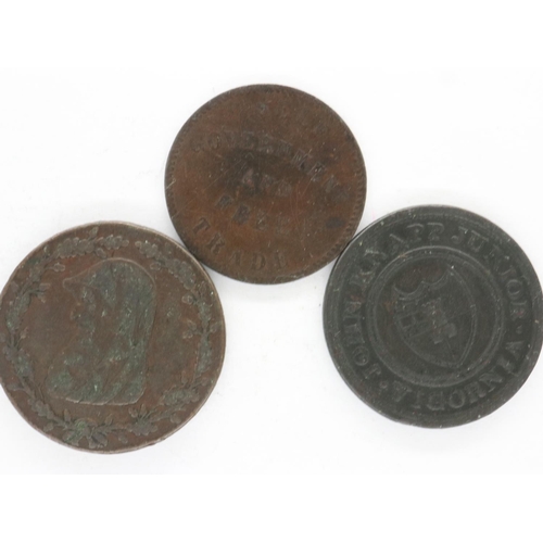 142 - Three copper tokens: 1788 Anglesey Mines, 1857 Prince Edward Island, and 1813 John Knapp Junior half... 