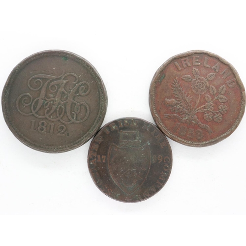 143 - Three copper tokens: 1789 Associated Irish Mine Company Cronebane, 1858 William Hodgins Bankers Irel... 