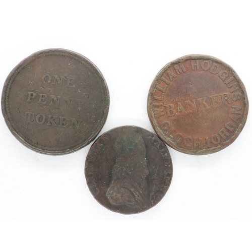 143 - Three copper tokens: 1789 Associated Irish Mine Company Cronebane, 1858 William Hodgins Bankers Irel... 