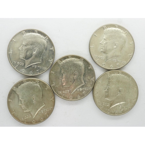 144 - Five 1967 Kennedy silver half dollars. UK P&P Group 0 (£6+VAT for the first lot and £1+VAT for subse... 