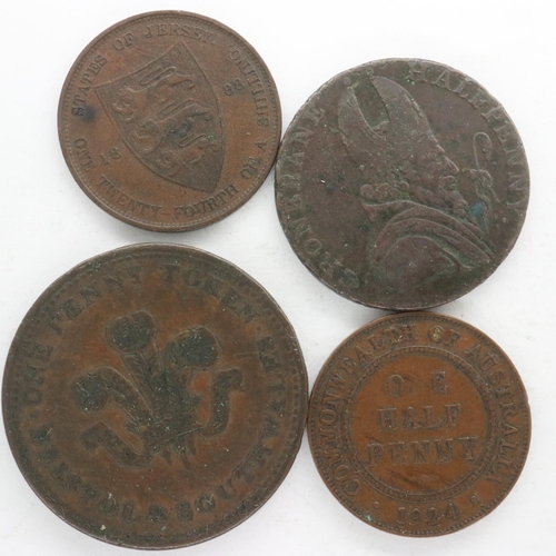 145 - Copper token: 1789 Associated Irish Mine Company Cronebane, two British Commonwealth coins: Jersey a... 