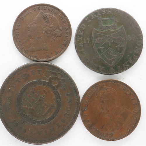 145 - Copper token: 1789 Associated Irish Mine Company Cronebane, two British Commonwealth coins: Jersey a... 