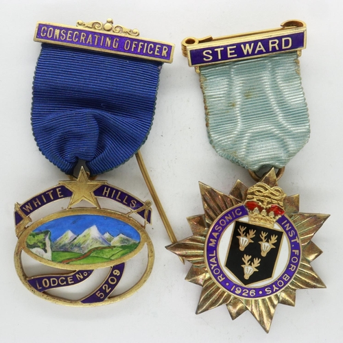 153 - Enamelled silver gilt Consecrating Officers jewel from 5209 White Hills Lodge and a 1926 Stewards je... 