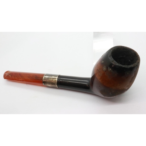 161 - Hardwood pipe with hallmarked silver collar and an amber tip. UK P&P Group 1 (£16+VAT for the first ... 